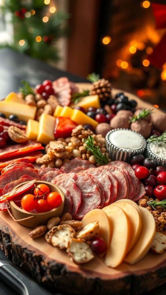 A festive charcuterie board with meats, cheeses, fruits, and nuts, decorated for Christmas.